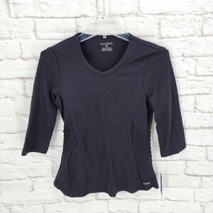 Jaanuu Women Black Scrub Top Zip Pocket Half Sleeve Athletic V Neck Stretch XS